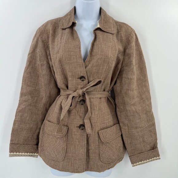 Coldwater Creek Linen Jacket M Brown Plaid Belted Button Front Lined Lace Trim - Picture 12 of 12